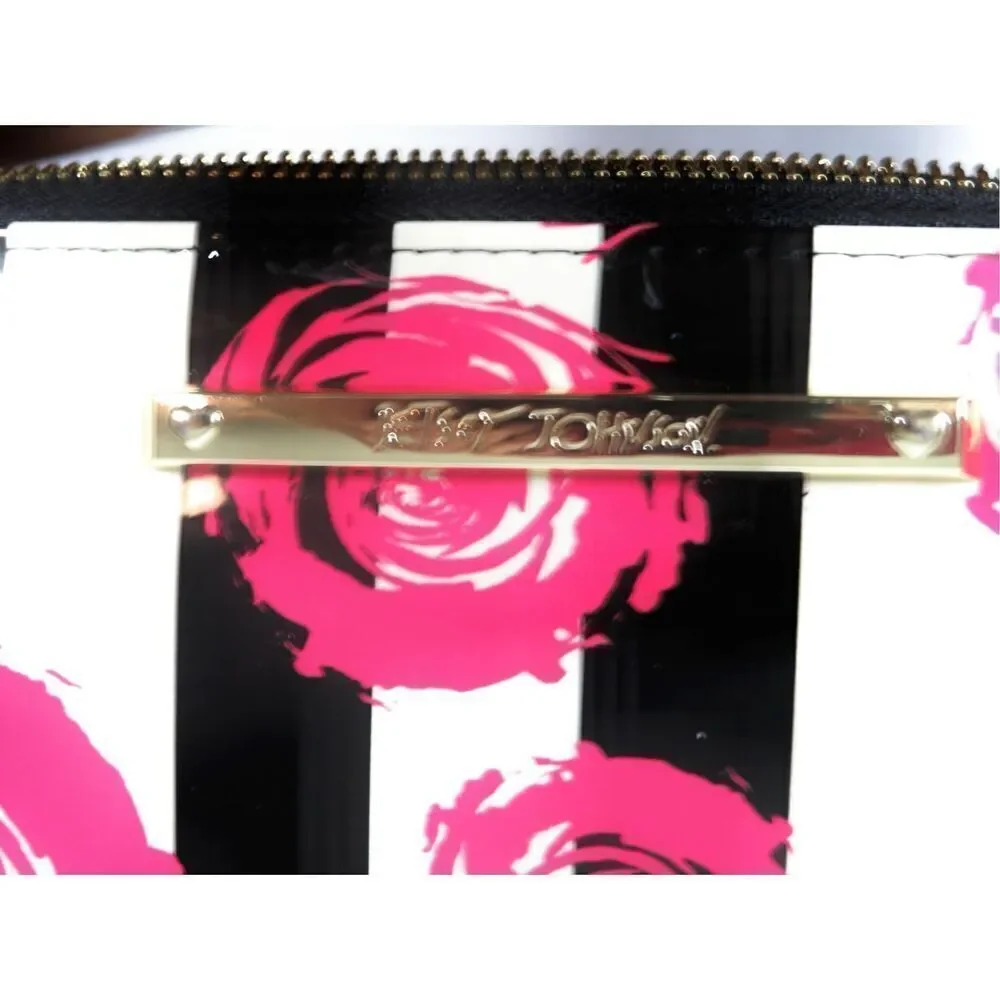 Betsey Johnson Patent Pink Rose Wallet Clutch Black Striped Zip Around 4.5 X 8